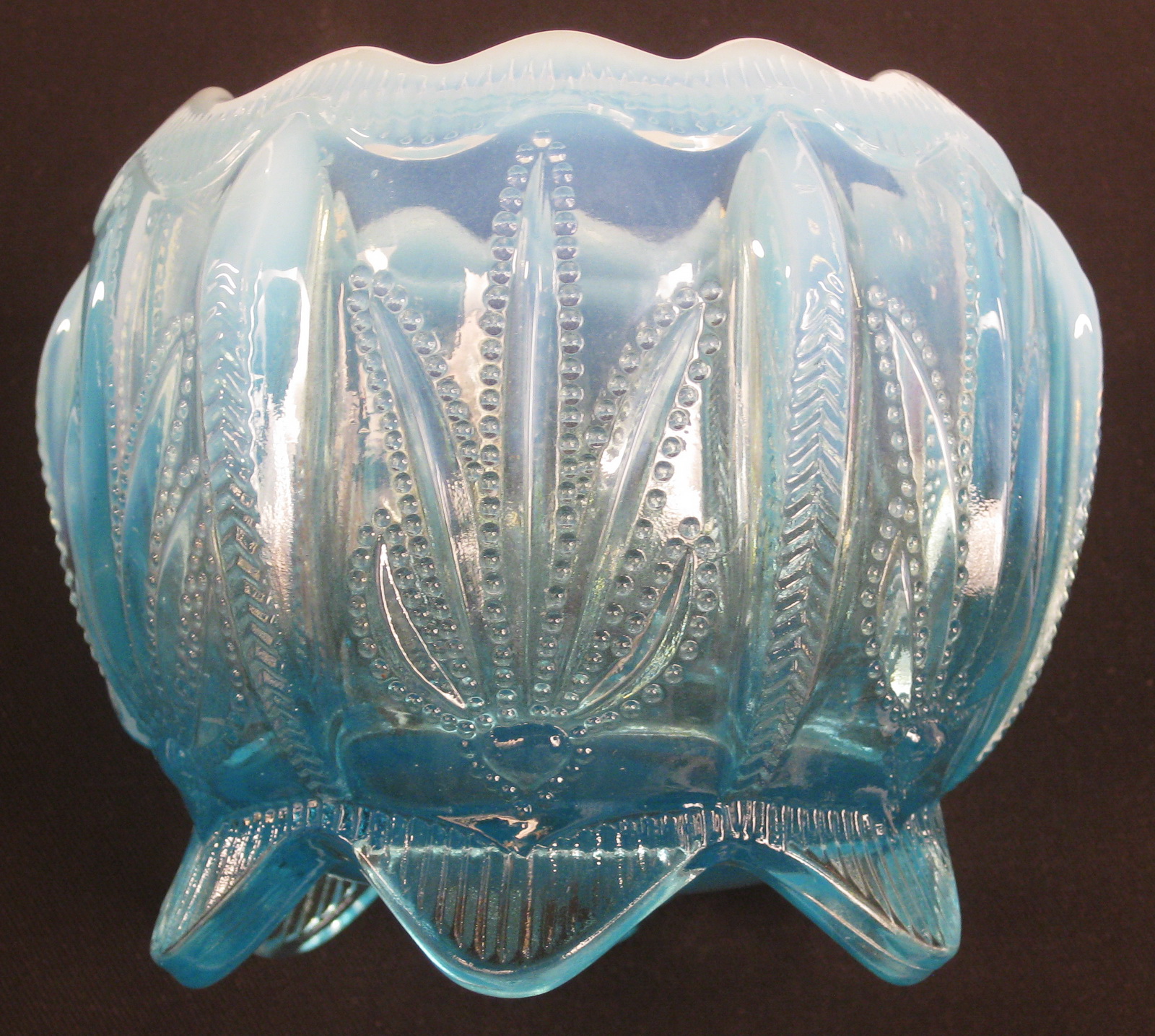 Fenton For Levay Blue Opal Cactus Opalescent Glass Rose Bowl Carnival Glass