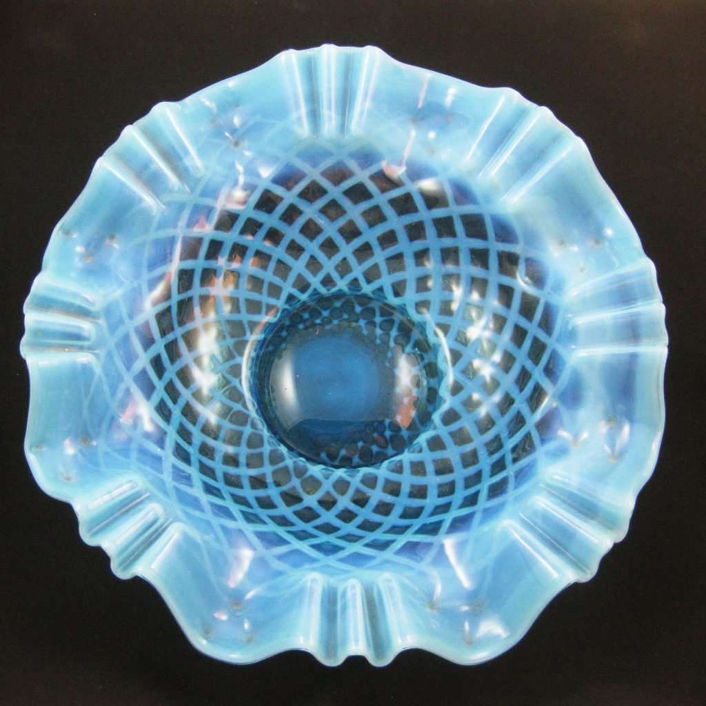 Antique Dugan Blue Opal Bubble Lattice Opalescent Glass Bowl Carnival Glass