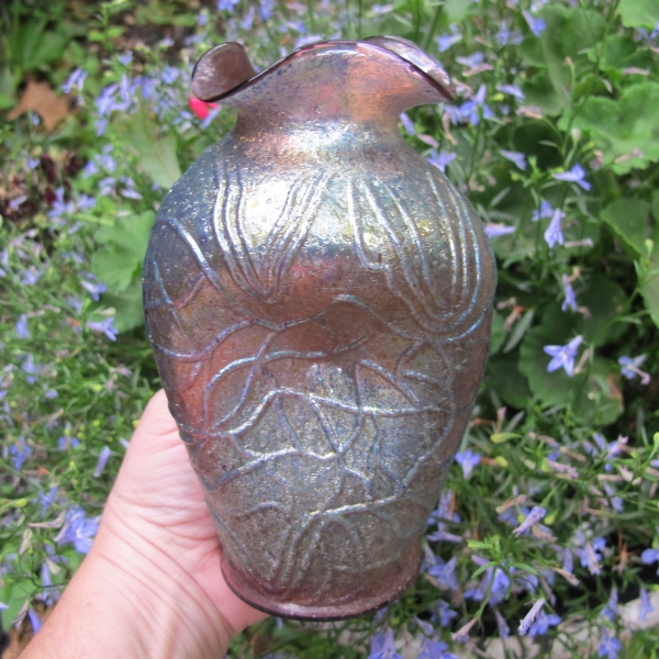 Antique Dugan Lavender Stippled Estate Frit Carnival Glass Vase