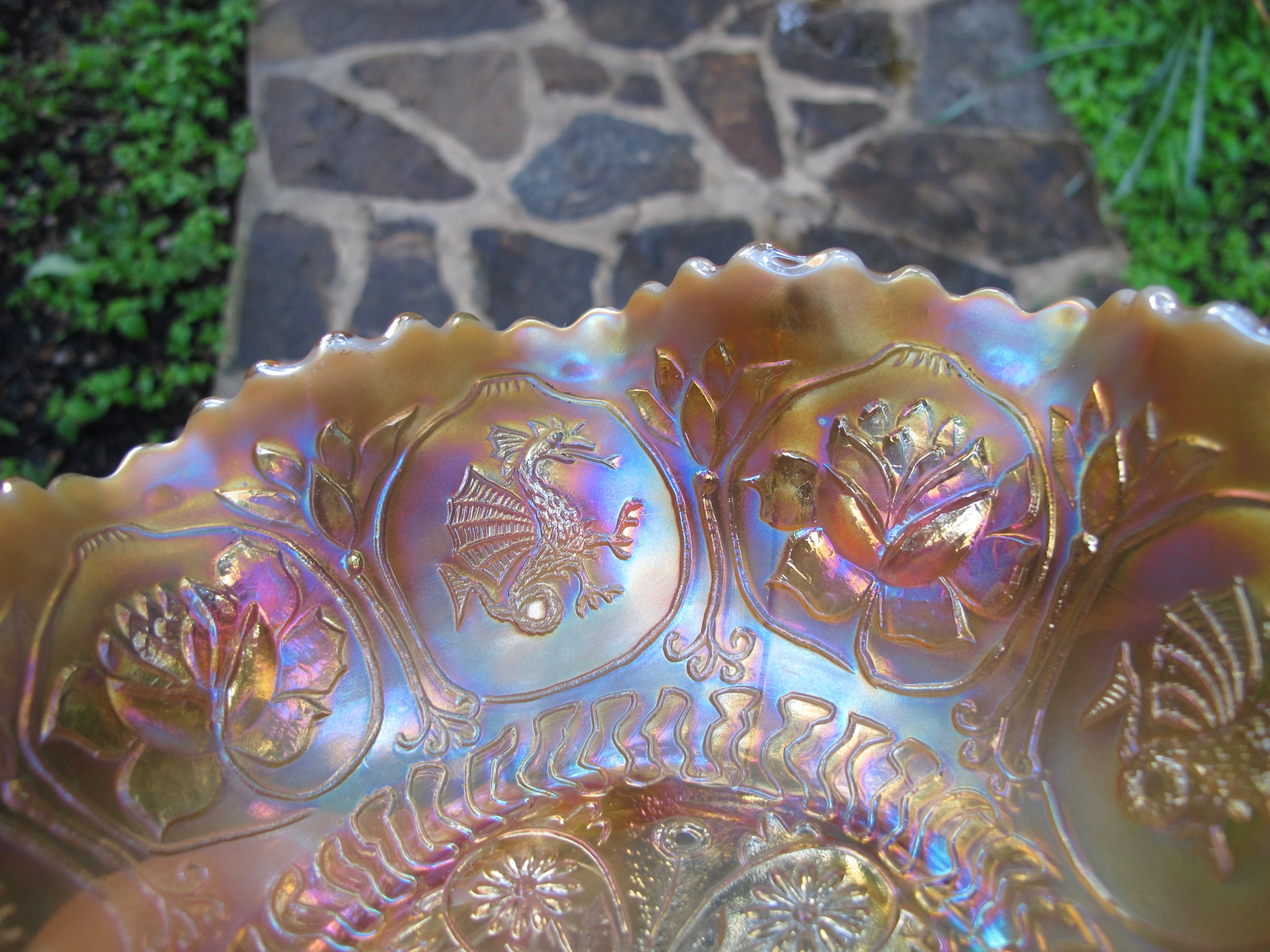 Antique Fenton Peach Opal Dragon And Lotus Carnival Glass Bowl Carnival Glass