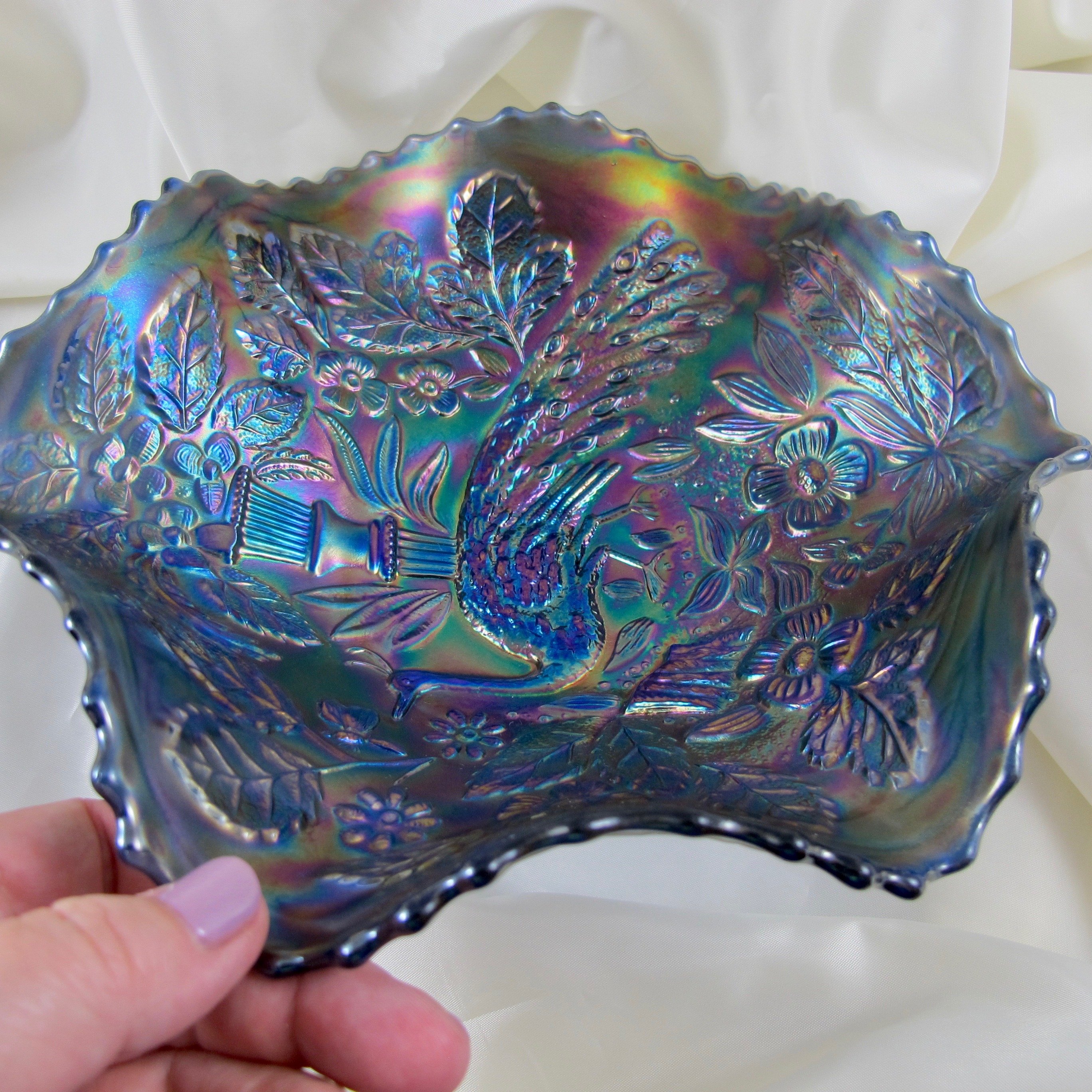 Antique Fenton Blue Peacock And Urn Carnival Glass Bowl Carnival Glass