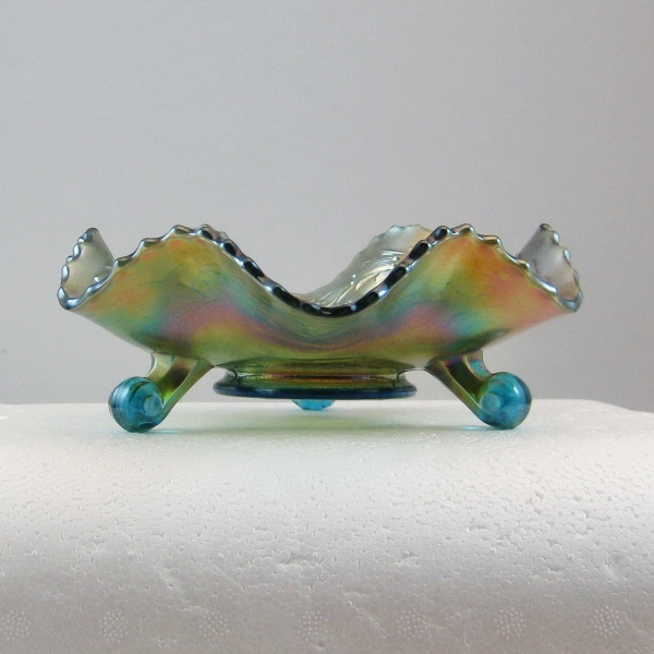 Antique Fenton Sapphire Blue Little Fishes Carnival Glass Footed Bowl