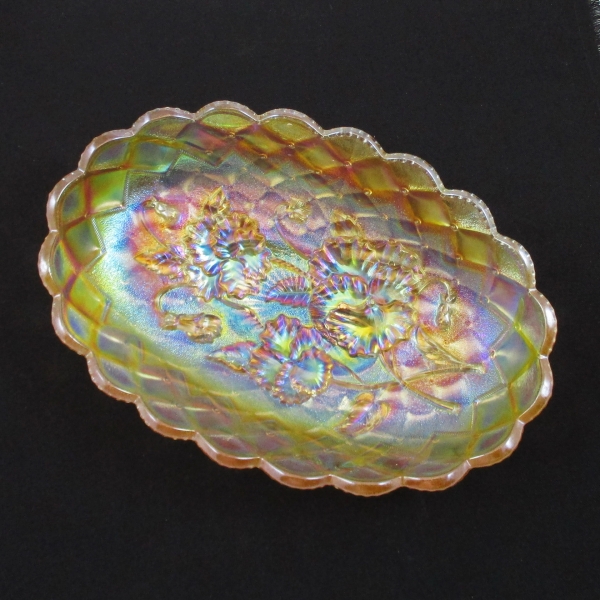 Antique Imperial Clambroth Pansy Carnival Glass Relish Oval Bowl
