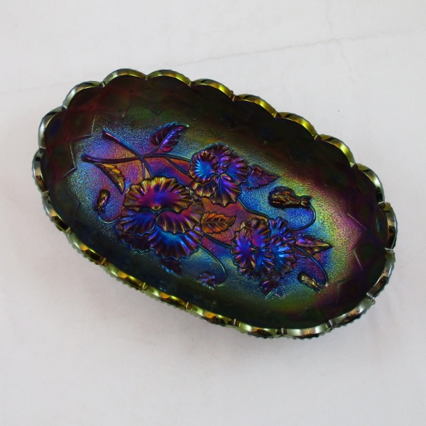 Antique Imperial Purple Pansy Carnival Glass Relish Oval Bowl