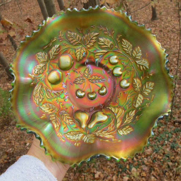 Antique Northwood Three Fruits Green Carnival Glass Bowl