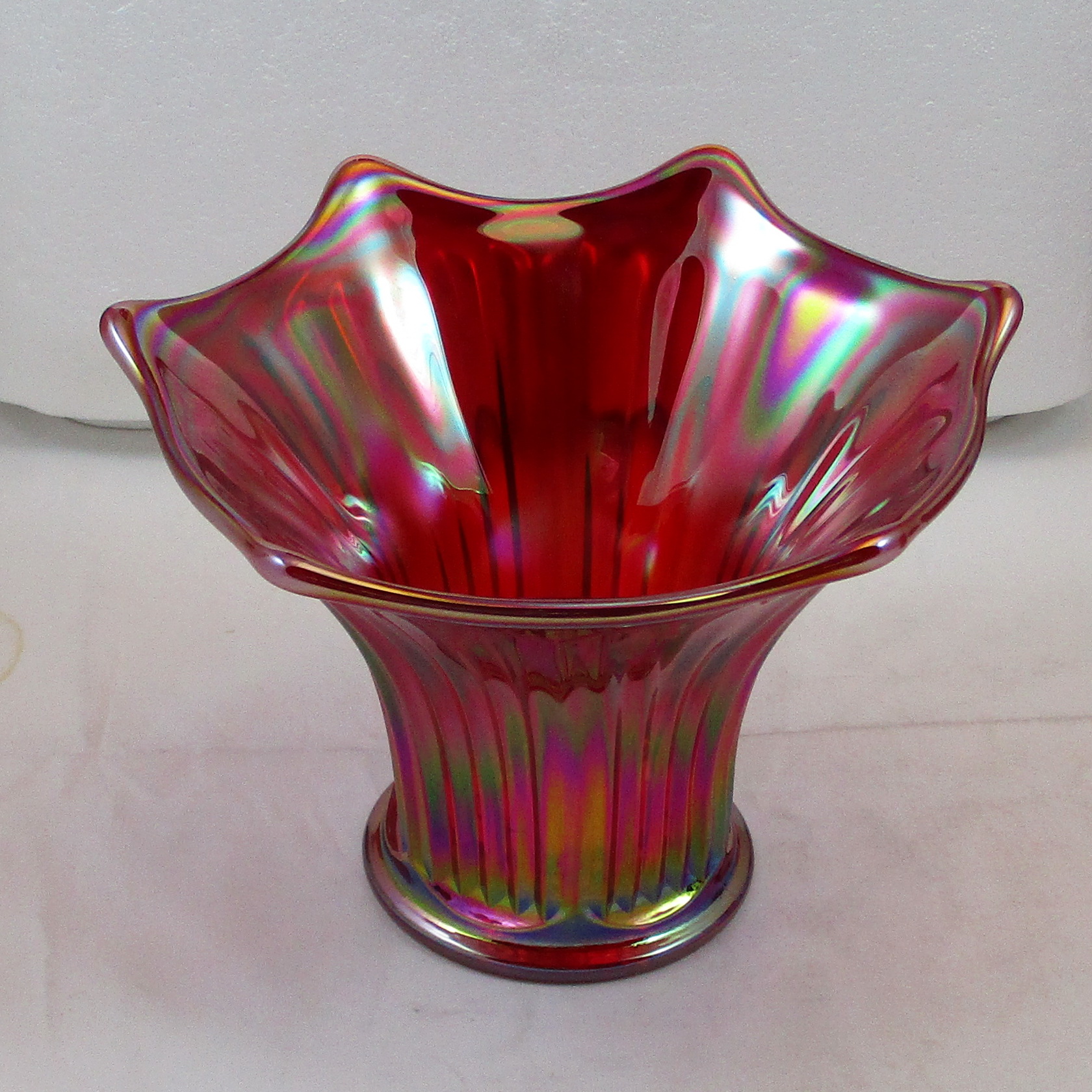 Mosser Red Fine Rib Carnival Glass Flared Squatty Vase 4 Carnival Glass