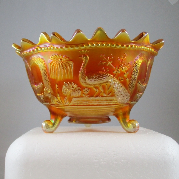 Antique Northwood Marigold Peacock at the Fountain Carnival Glass Fruit Bowl