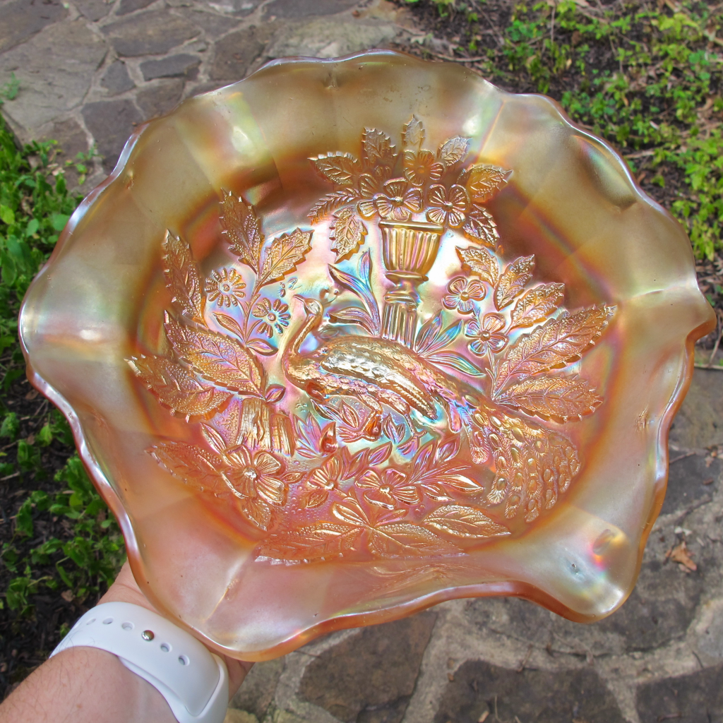 Antique Millersburg Peacock And Urn Marigold Carnival Glass Large Bowl Carnival Glass