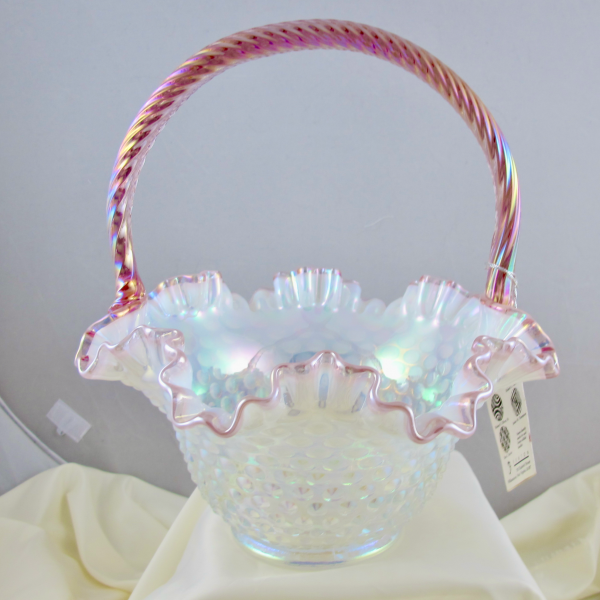Fenton Pink Crested Hobnail Opalescent French Opal Carnival Glass Ruffled Basket Carnival Glass