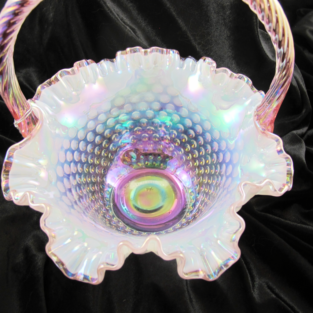 Fenton Pink Crested Hobnail Opalescent French Opal Carnival Glass Ruffled Basket Carnival Glass