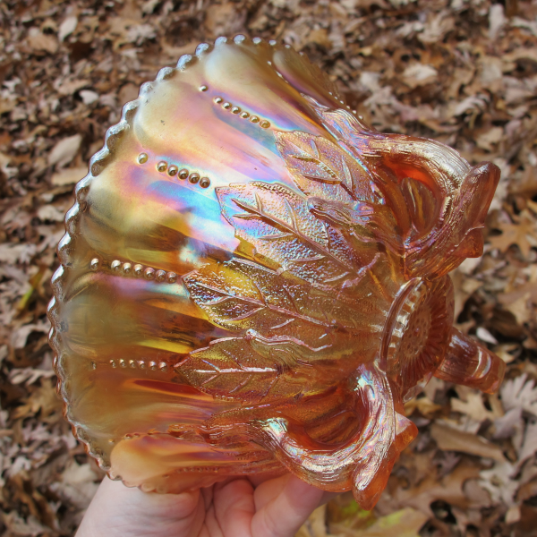 Antique Northwood Leaf & Beads Marigold Carnival Glass Flared Nut Bowl Beaded Rim