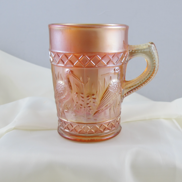 Antique Dugan Stork & Rushes Lattice Band Marigold Carnival Glass Mug