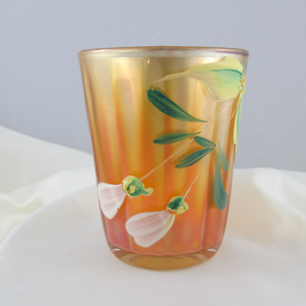 Antique Fenton Enameled Magnolia Marigold Carnival Glass Tumbler