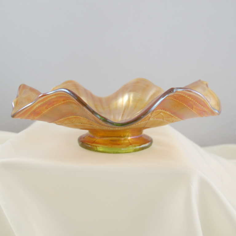 Antique Fenton Vaseline Stippled Rays Scale Band Carnival Glass Bowl Carnival Glass