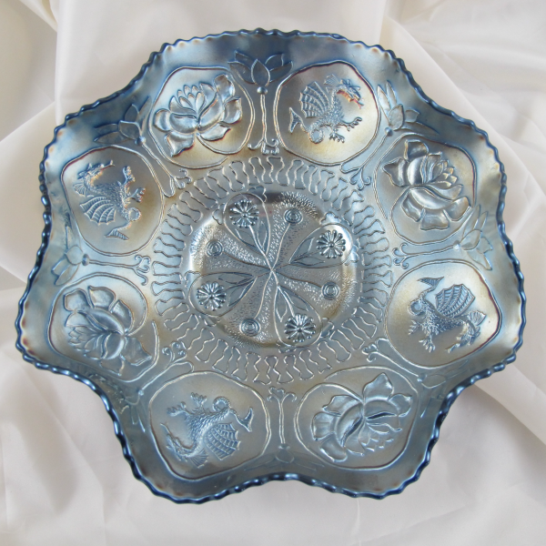 Antique Fenton Dragon & Lotus Blue Carnival Glass Bowl - Gunmetal