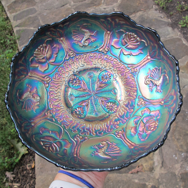 Antique Fenton Blue Dragon & Lotus Carnival Glass Round Bowl