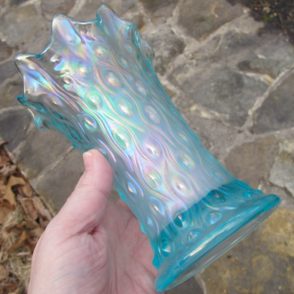 Antique Northwood Ice Blue Tree Trunk Carnival Glass Squat Vase