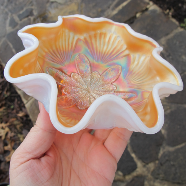 Antique Dugan Peach Opal Petal & Fan Carnival Glass Small Bowl