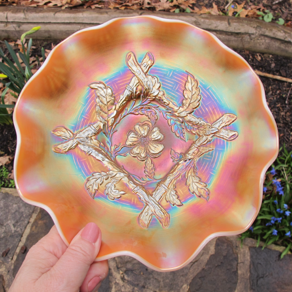 Antique Dugan Peach Opal Apple Blossom Twigs Carnival Glass Bowl