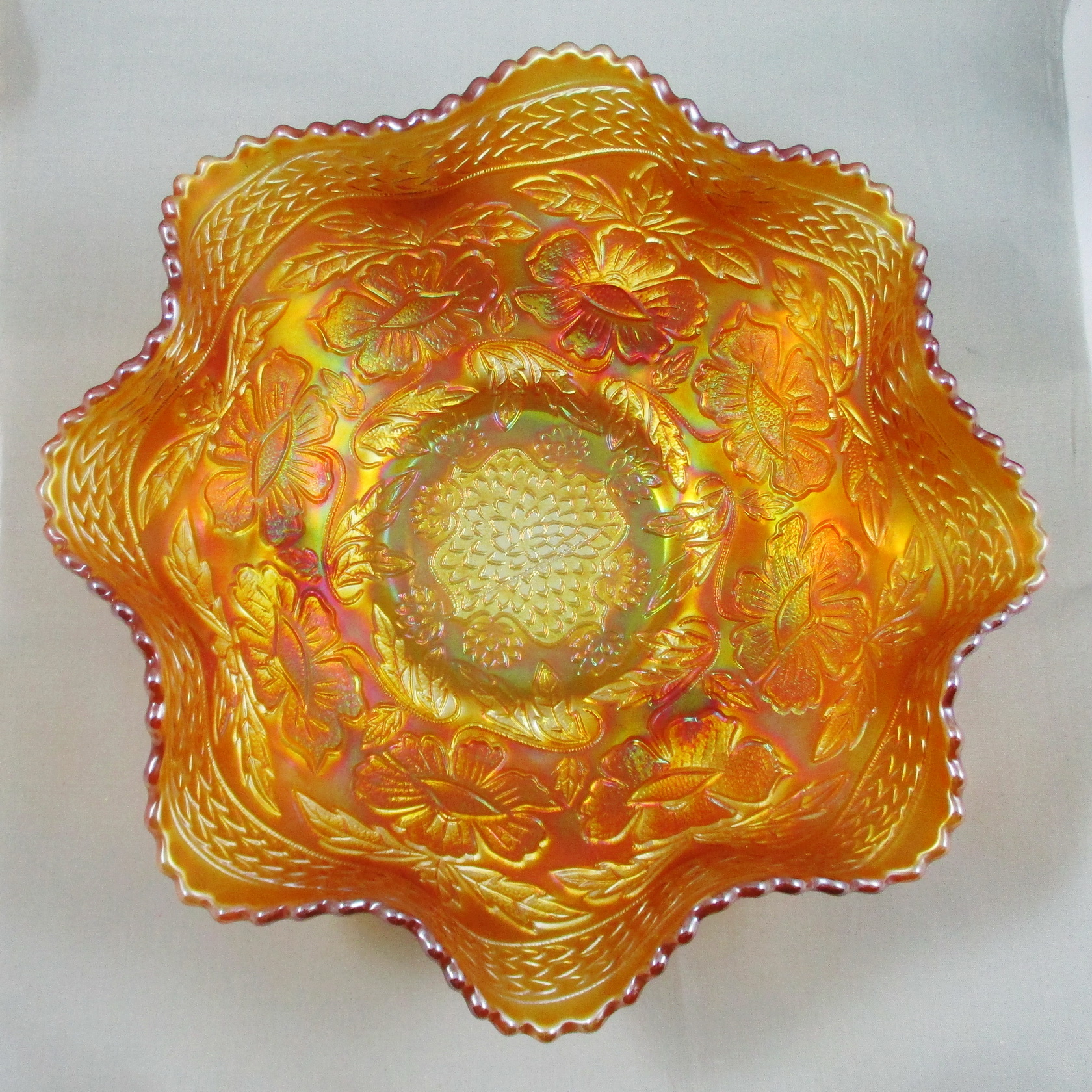 Antique Fenton Marigold Two Flowers Carnival Glass Footed Bowl Carnival Glass
