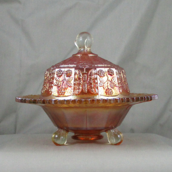 Antique Fenton Marigold Butterfly & Berry Carnival Glass Butter with Lid