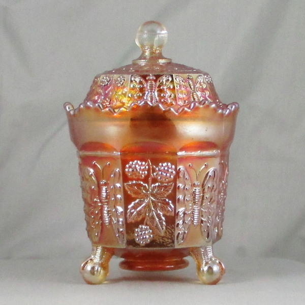 Antique Fenton Marigold Butterfly & Berry Carnival Glass Sugar with Lid
