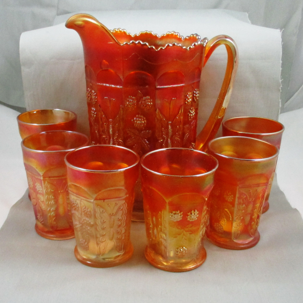 Antique Fenton Marigold Butterfly & Berry Carnival Glass Water Set