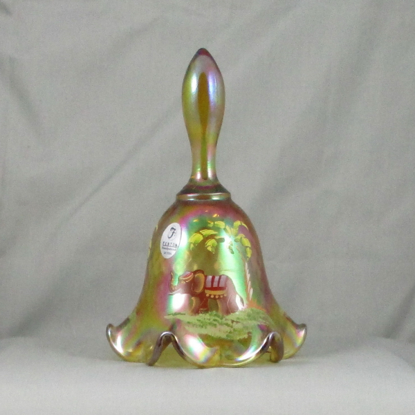 Fenton Amber Diamond Optic Hand Painted Elephant Carnival Glass Hand Bell