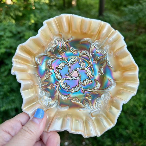 Antique Dugan Bells & Beads Golden Peach Opal Carnival Glass Bowl