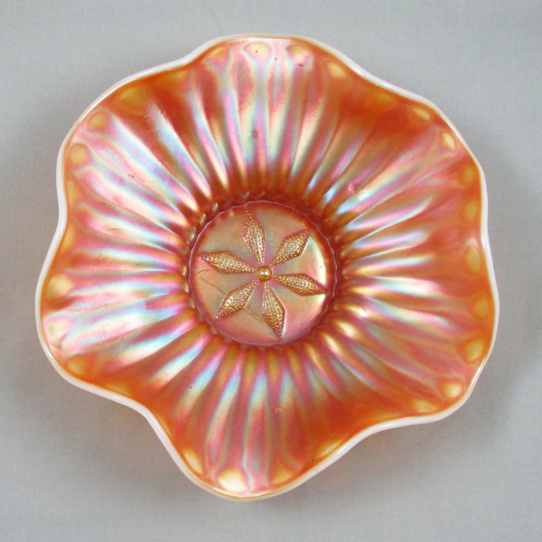 Antique Dugan Stippled Flower Peach Opal Carnival Glass Ruffled Bowl