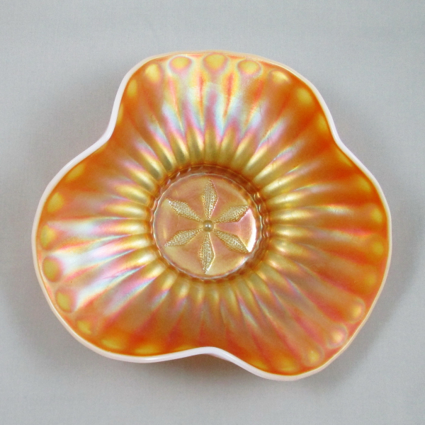 Antique Dugan Stippled Flower Peach Opal Carnival Glass Tri-corner Bowl